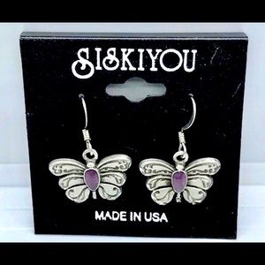 BUTTERFLY DANGLE EARRINGS hypoallergenic w/beautiful amethyst gemstones.